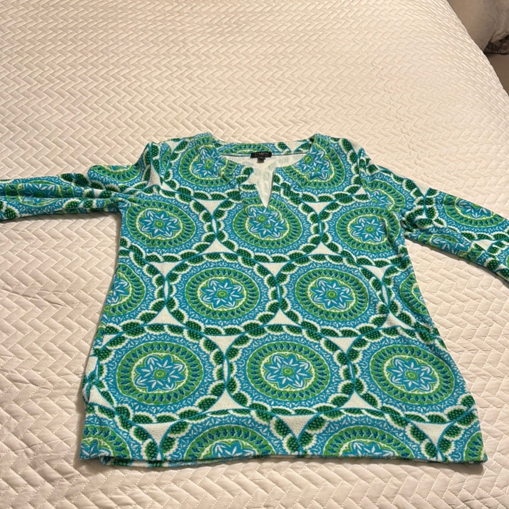 Talbots Green and White terry cloth swim cover  Polo Tunic